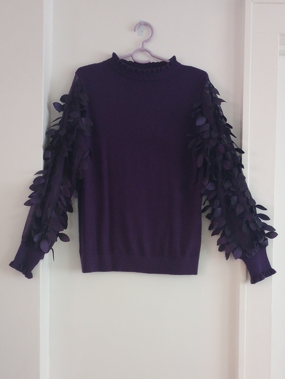 Sioni Boho Deep Purple Ribbed Ruffle Neck Cuff Leaves Cottagecore Sweater Size M